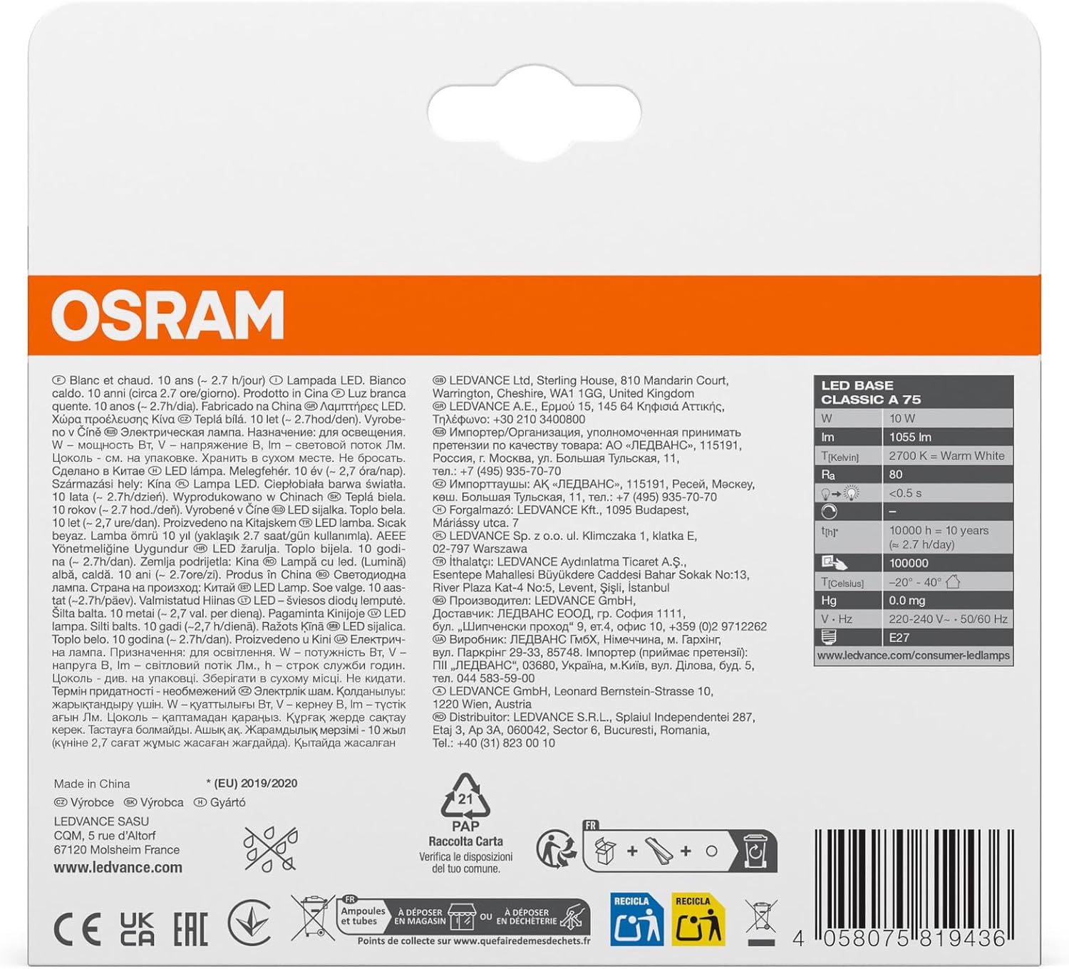 Lampadine LED Classic A E27 75W luce calda 3 pezzi Osram