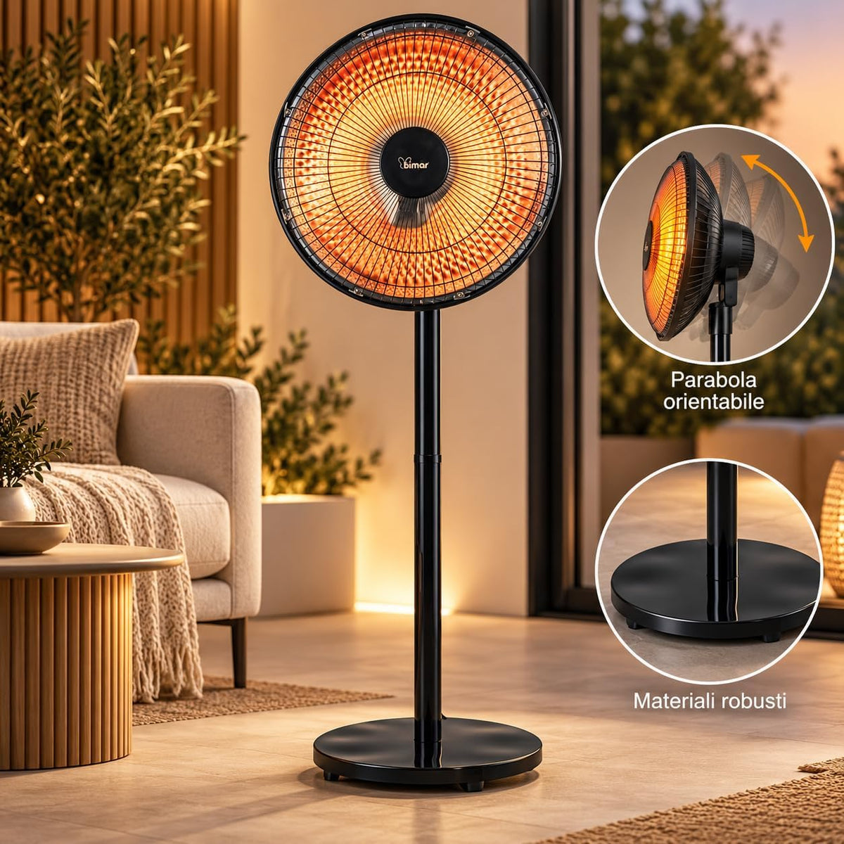 Stufa radiante a parabola Lampada riscaldante, Stufa radiante infrarossi, Stufa portatile, Potenza regolabile, Oscillazione automatica, Con interruttore di sicurezza ribaltamento | Bimar