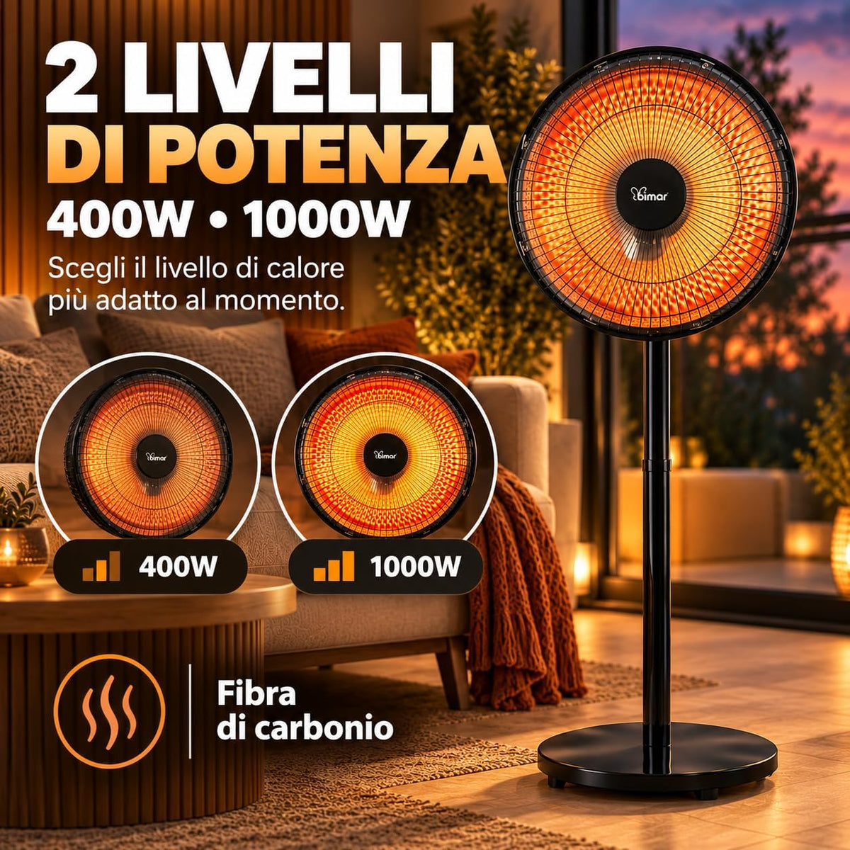 Stufa radiante a parabola Lampada riscaldante, Stufa radiante infrarossi, Stufa portatile, Potenza regolabile, Oscillazione automatica, Con interruttore di sicurezza ribaltamento | Bimar