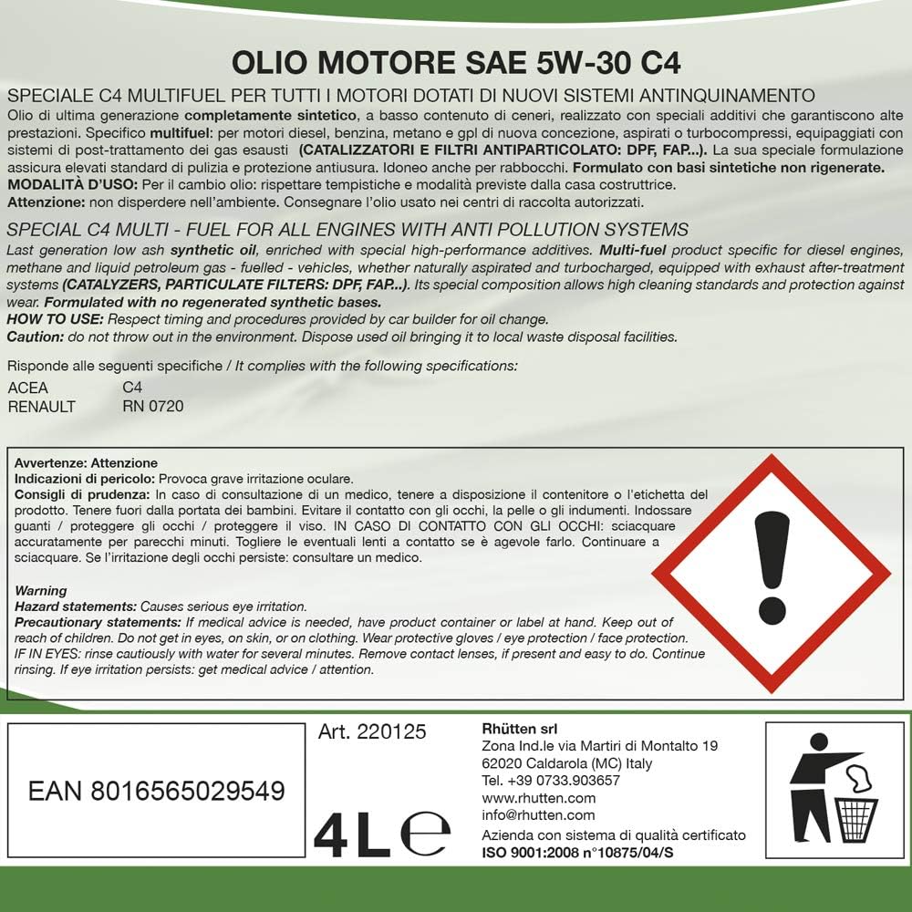 Olio motore 5W-30 C4 4 litri Rhutten