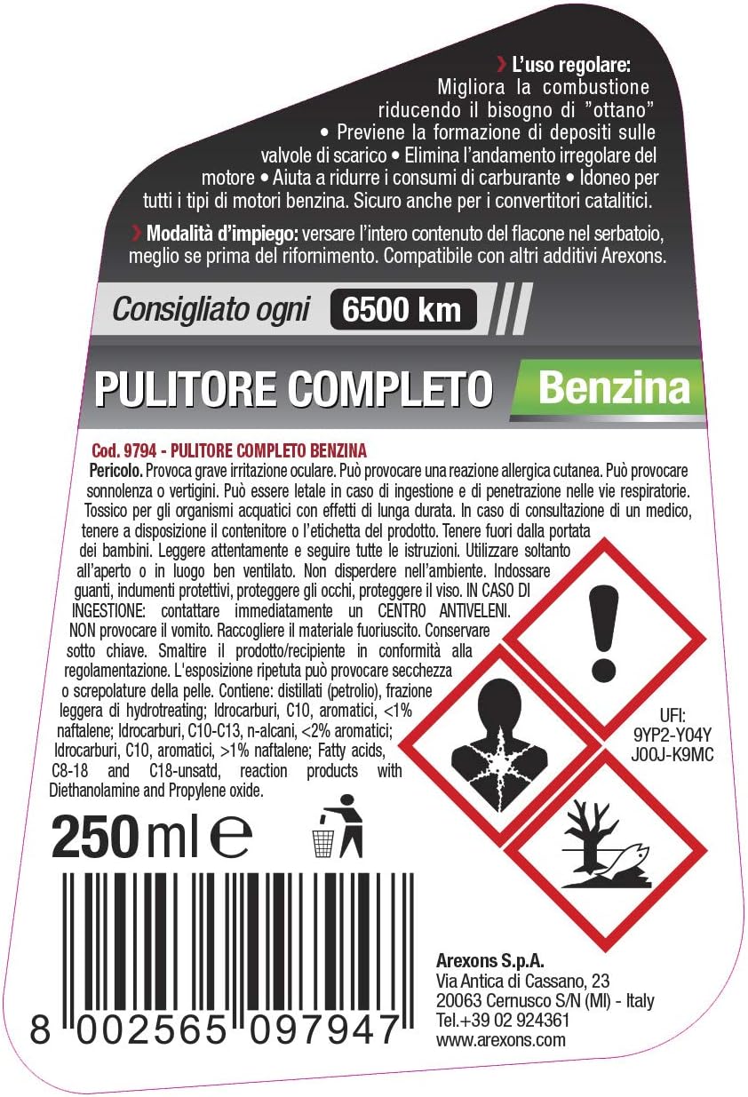 Arexons Benzina Pulitore Completo 250 ml Additivo Pulitore Sistema Alimentazione