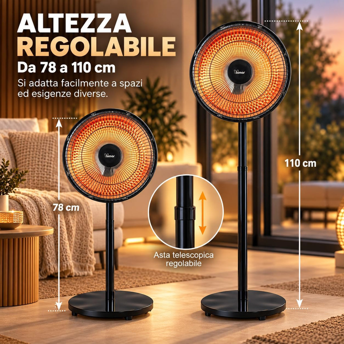 Stufa radiante a parabola Lampada riscaldante, Stufa radiante infrarossi, Stufa portatile, Potenza regolabile, Oscillazione automatica, Con interruttore di sicurezza ribaltamento | Bimar