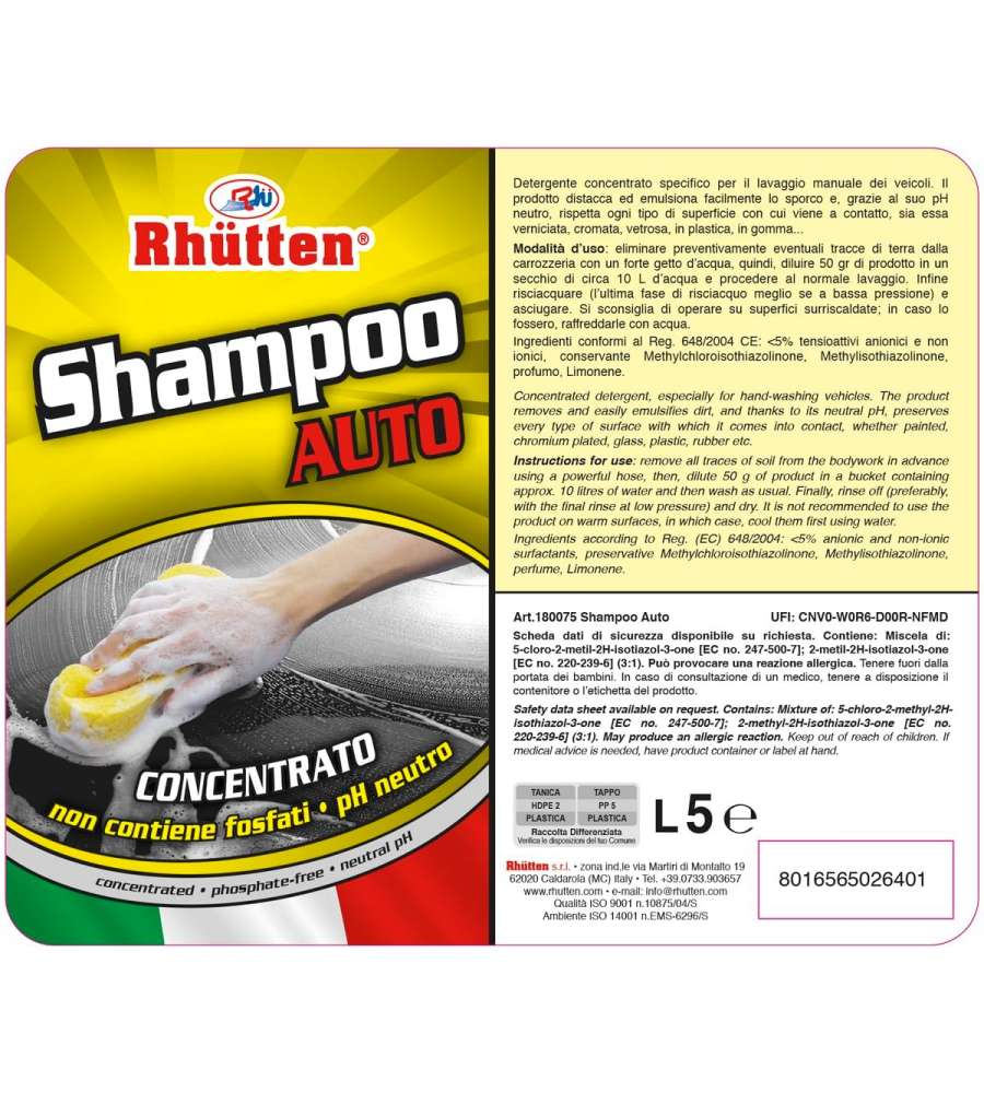 Rhütten Shampoo Auto Concentrato Giallo 5 L per Lavaggio Carrozzeria