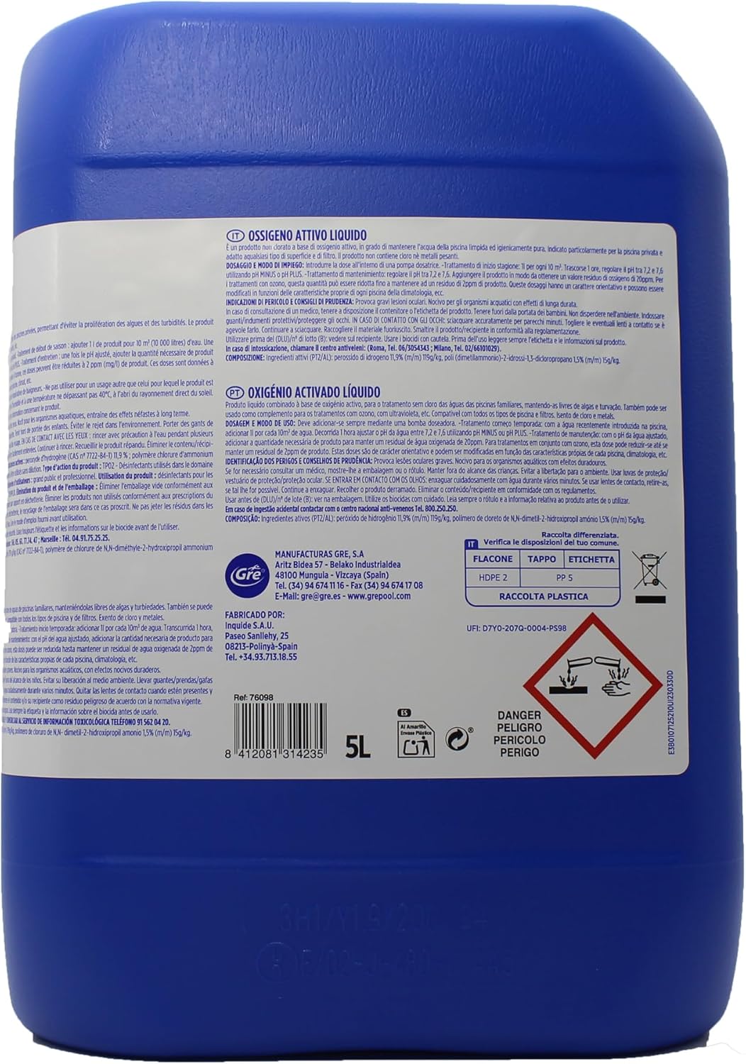Ossigeno Attivo Liquido Gre 76098 OxyChoc 5L, Trattamento d'Urto e Mantenimento Senza Cloro | Gre