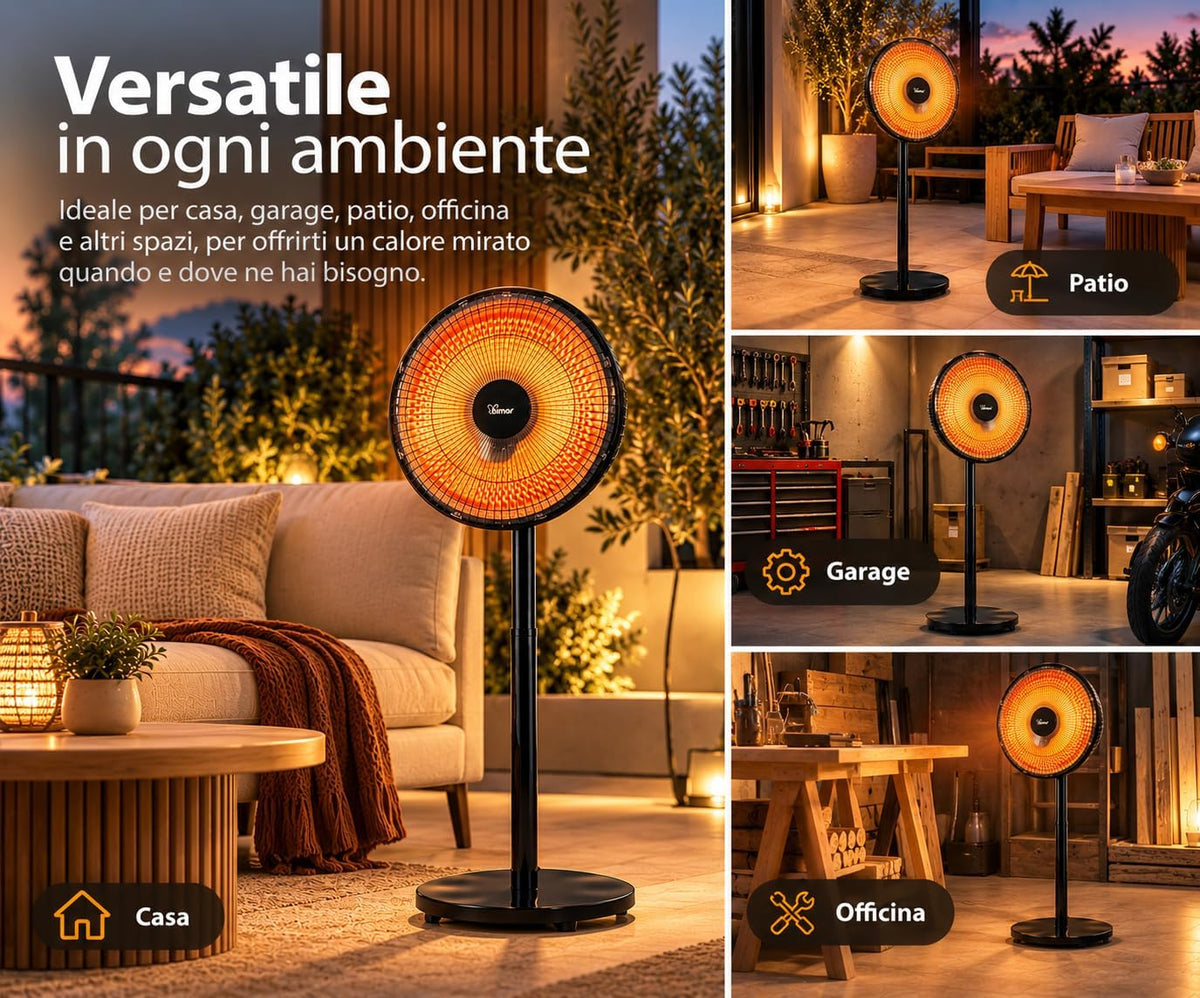 Stufa radiante a parabola Lampada riscaldante, Stufa radiante infrarossi, Stufa portatile, Potenza regolabile, Oscillazione automatica, Con interruttore di sicurezza ribaltamento | Bimar