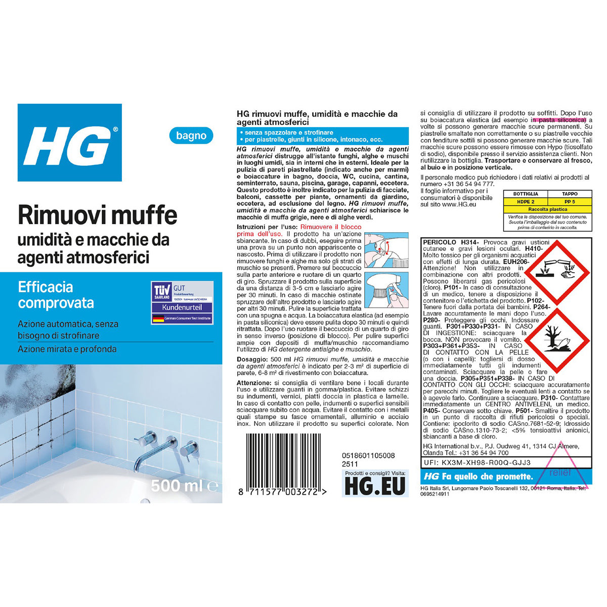 Detergente rimuovi muffe umidità e macchie da agenti atmosferici spray HG 500 ml