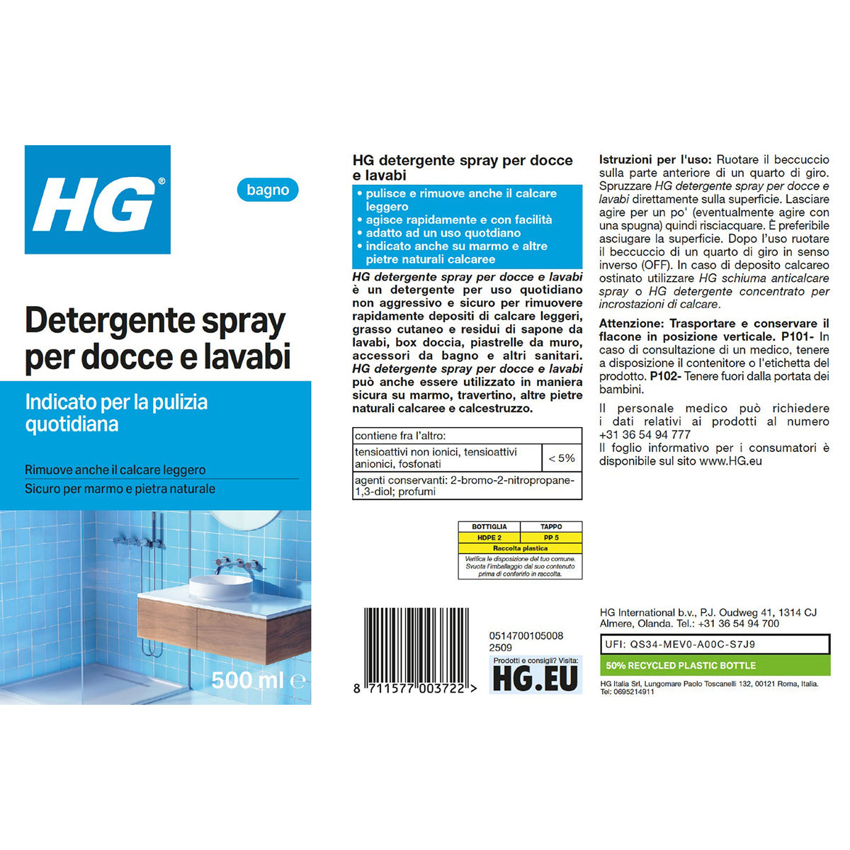 Detergente spray per docce e lavabi uso quotidiano HG 500 ml