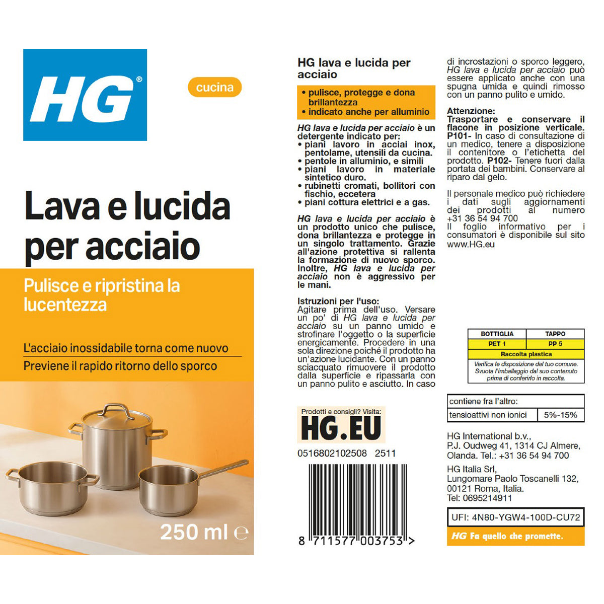 Detergente lava e lucida per acciaio e alluminio HG 250 ml