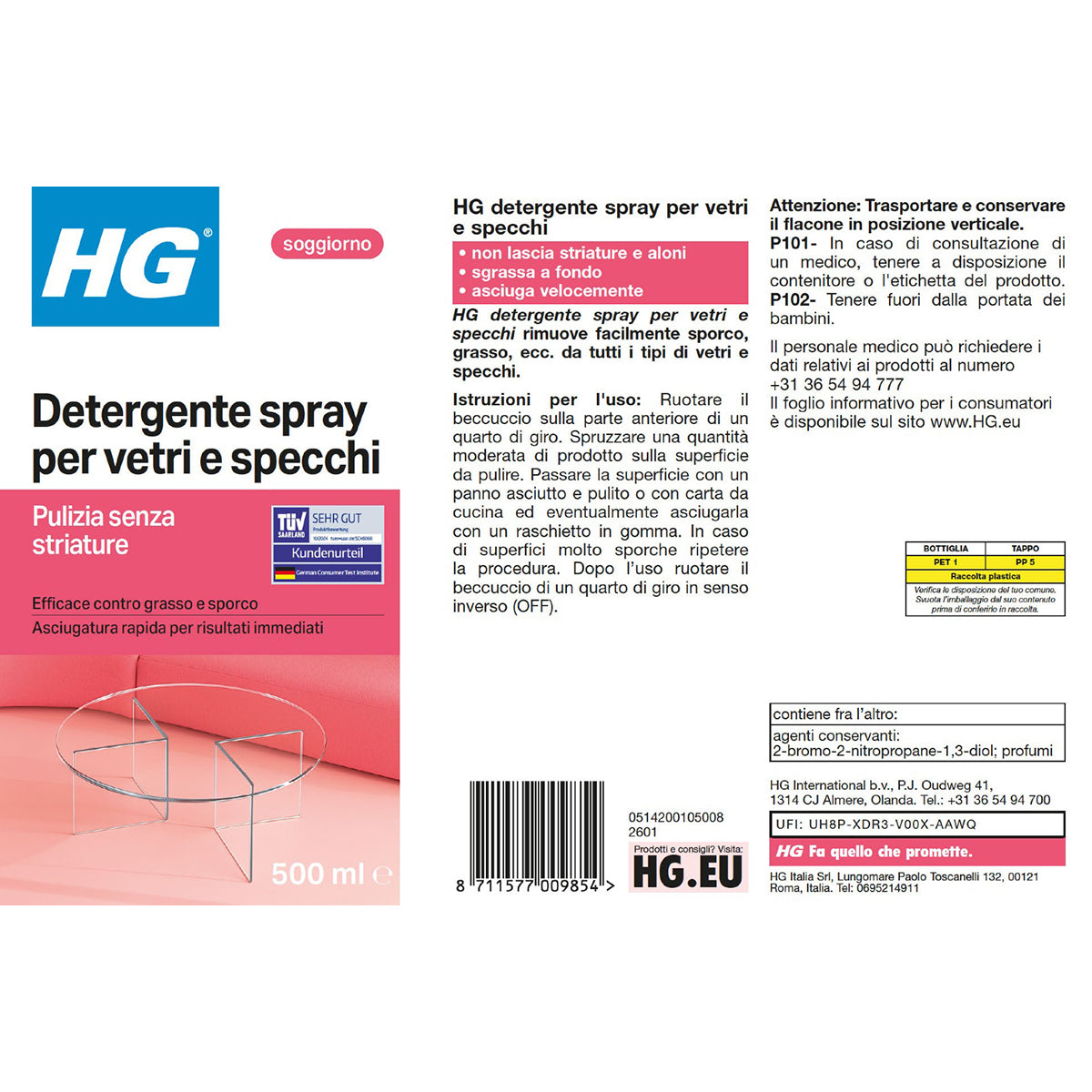 Detergente spray per vetri e specchi HG 500 ml