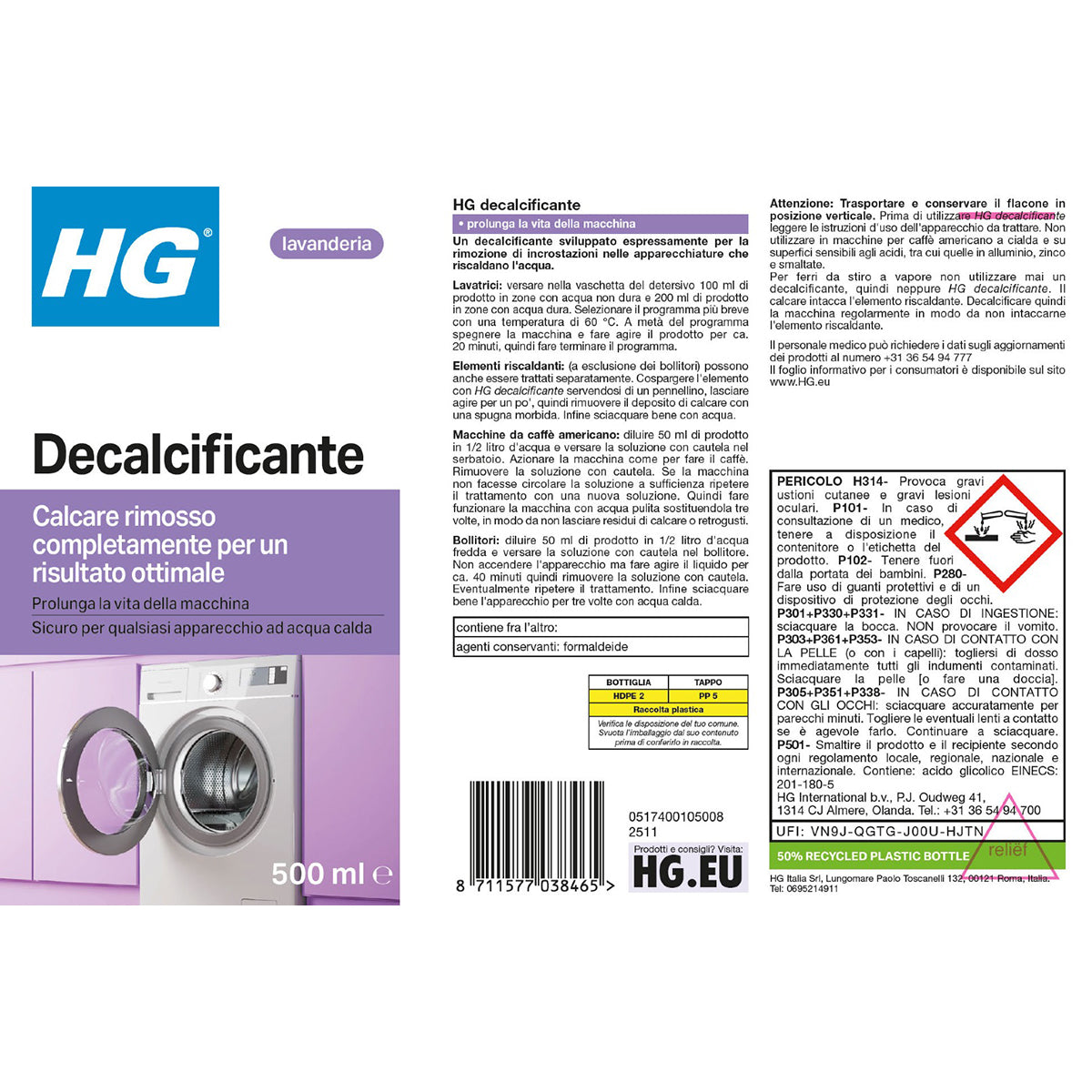 Decalcificante per macchine da caffè bollitori e lavatrici HG 500 ml