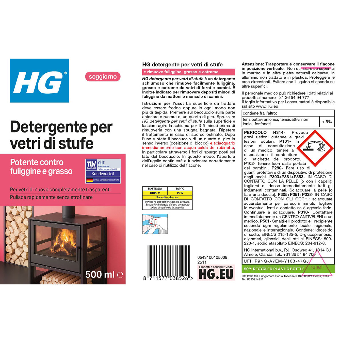 Detergente spray per vetri di stufe e caminetti HG 500 ml