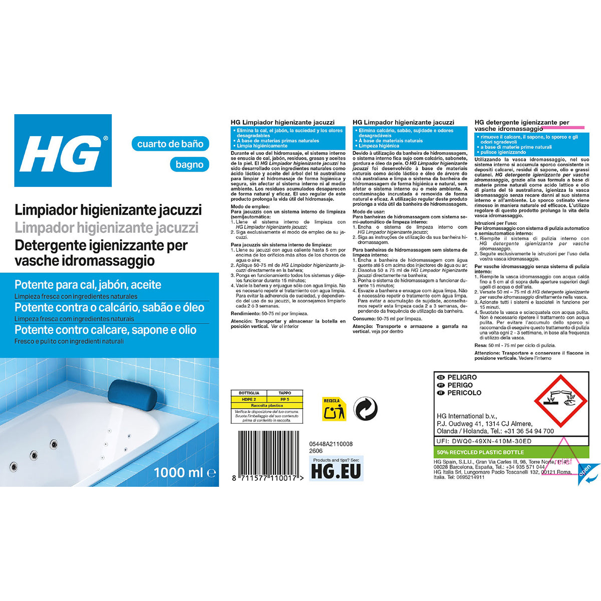 Detergente igienizzante per vasche idromassaggio HG 1 litro