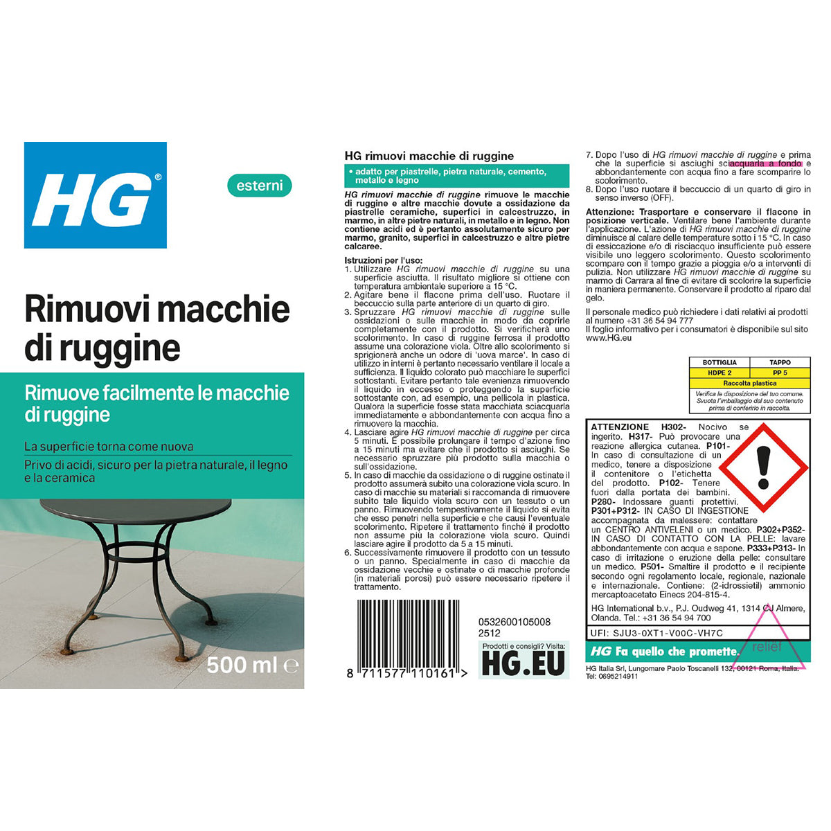 Rimuovi macchie di ruggine senza acidi HG 500 ml