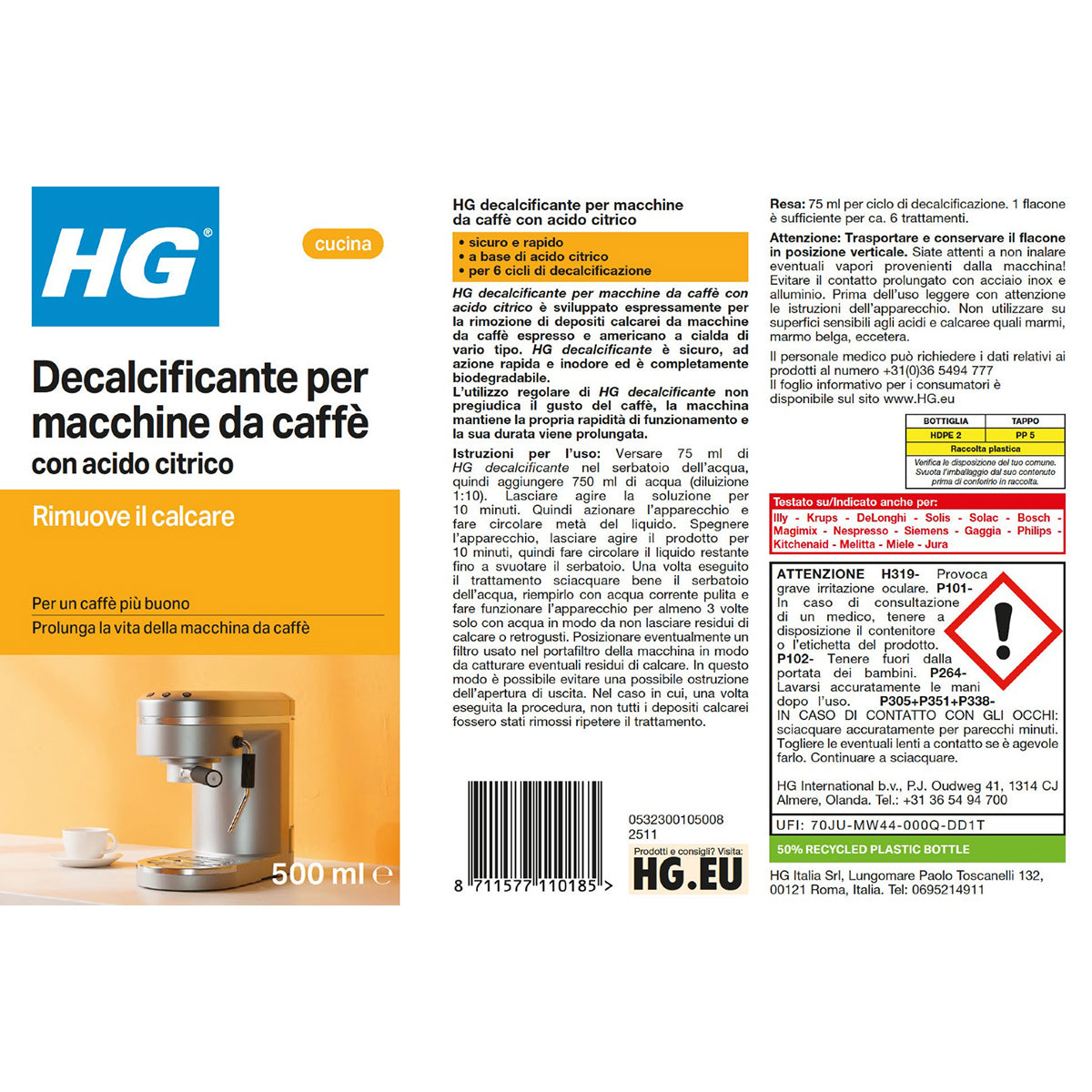 Decalcificante per macchine da caffè ad acido citrico HG 500 ml