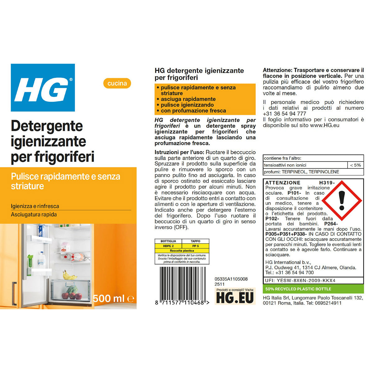 Detergente igienizzante spray per frigoriferi HG 500 ml