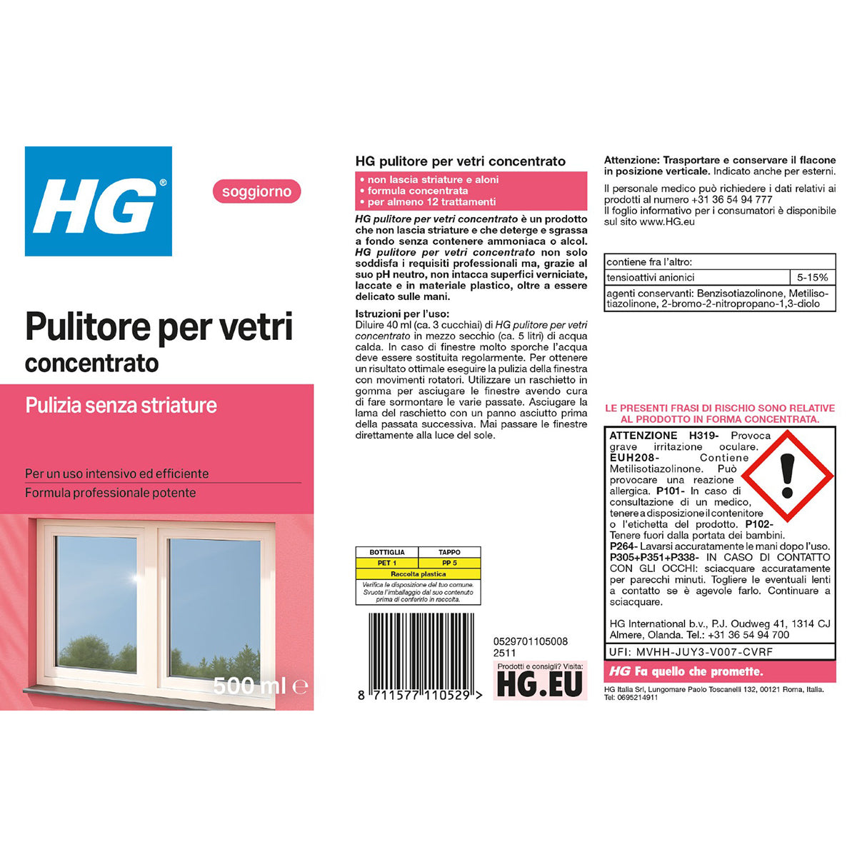 Pulitore per vetri concentrato professionisti HG 500 ml
