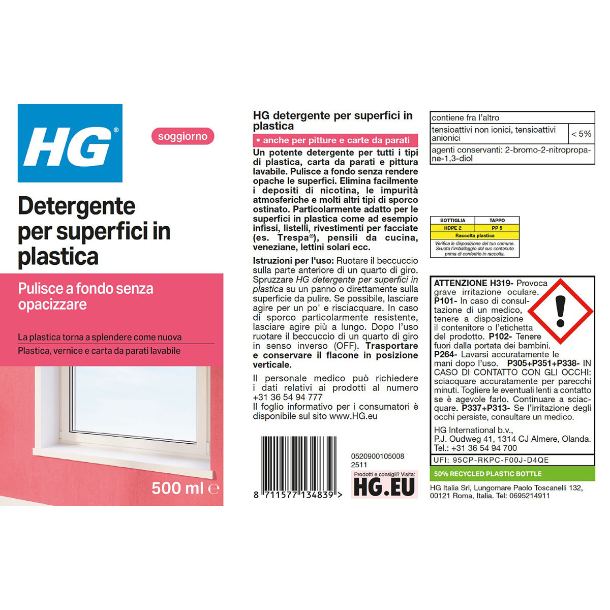 Detergente spray per superfici in plastica e verniciate HG 500 ml
