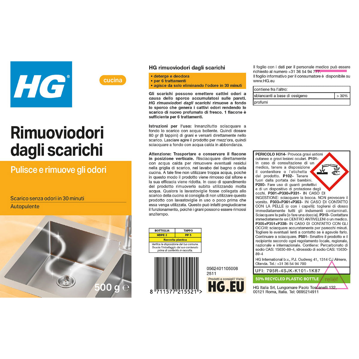 Rimuoviodori dagli scarichi HG 500 g