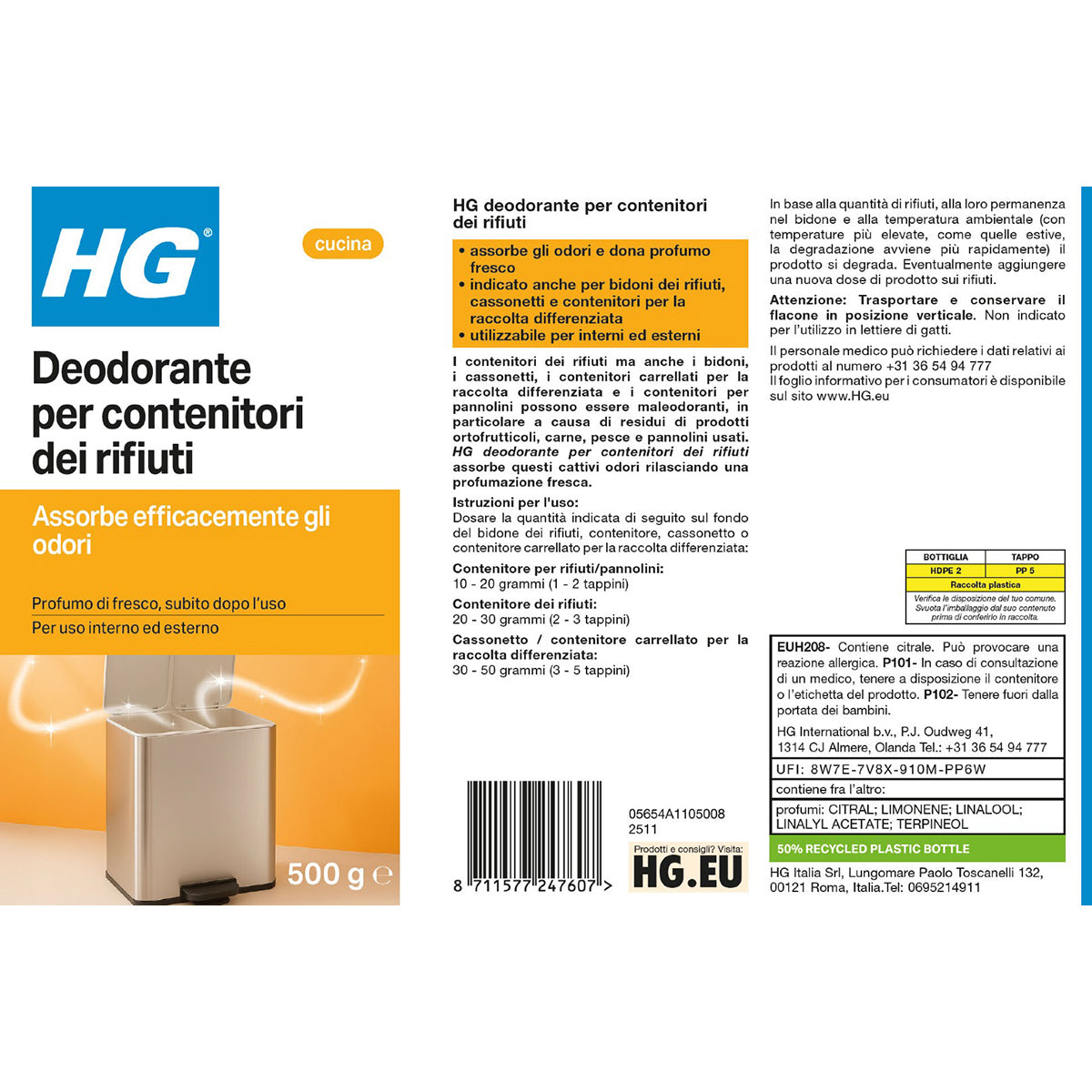 Deodorante per contenitori dei rifiuti e bidoni HG 500 g