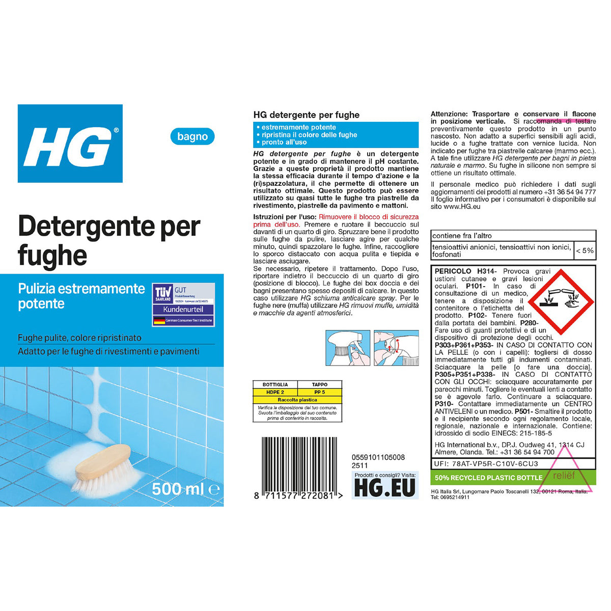 Detergente per fughe di piastrelle bagno e cucina HG 500 ml