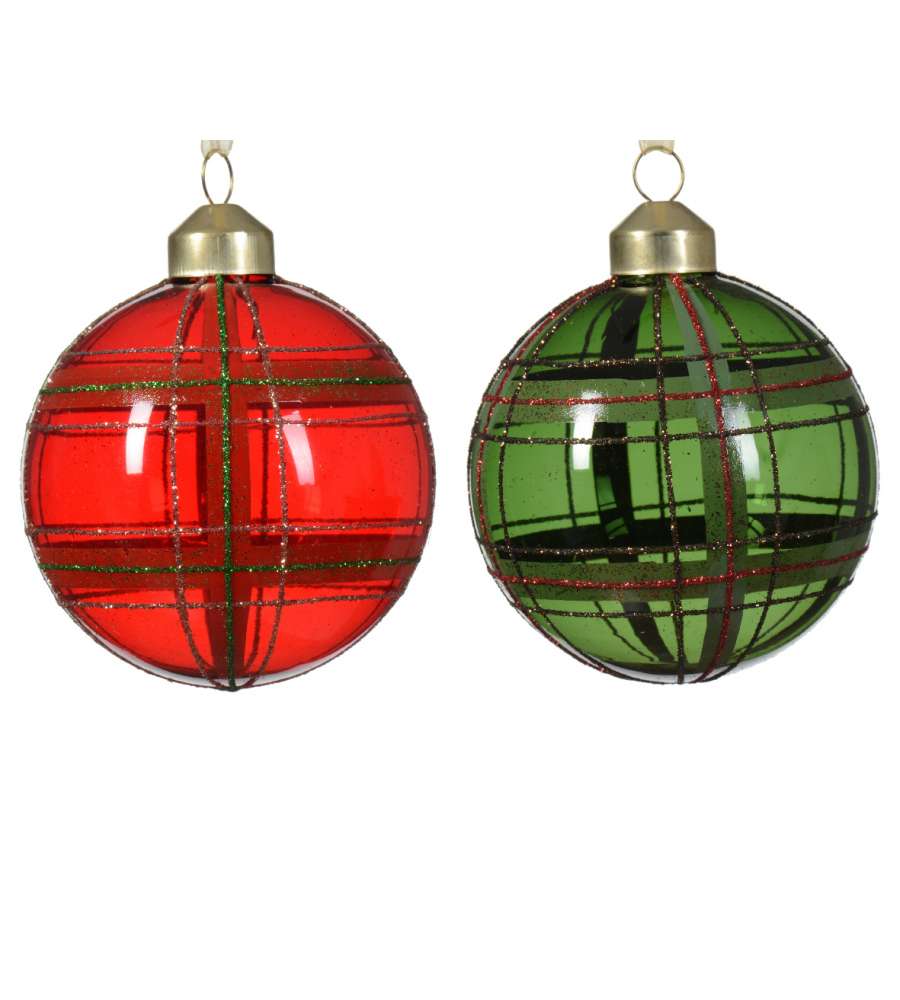 Set Sfere di Natale D.8cm in Vetro Trasparente Colori Rosso e Verde con Glitter | Kaemingk