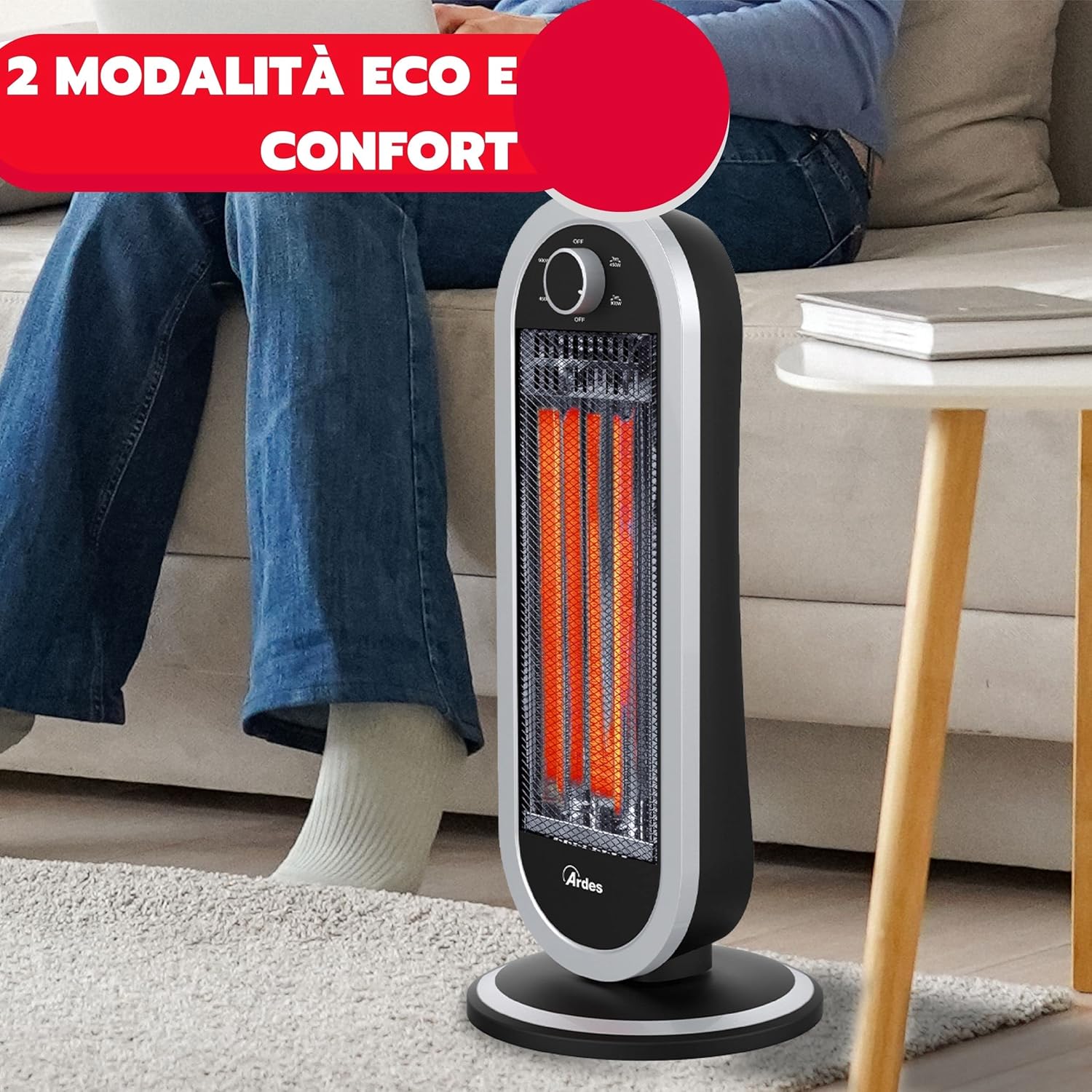Stufa Carbonio Oscillante Tizzo Ultra potente e compatta 900W Ar4B01 , Stufa Carbonio, Argento Nero Ardes