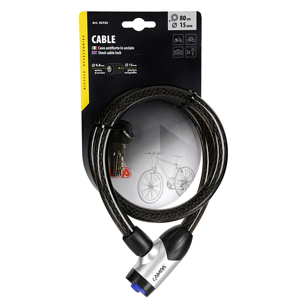 Cavo antifurto corazzato in acciaio 15 mm x 80 cm con doppia chiave Lampa