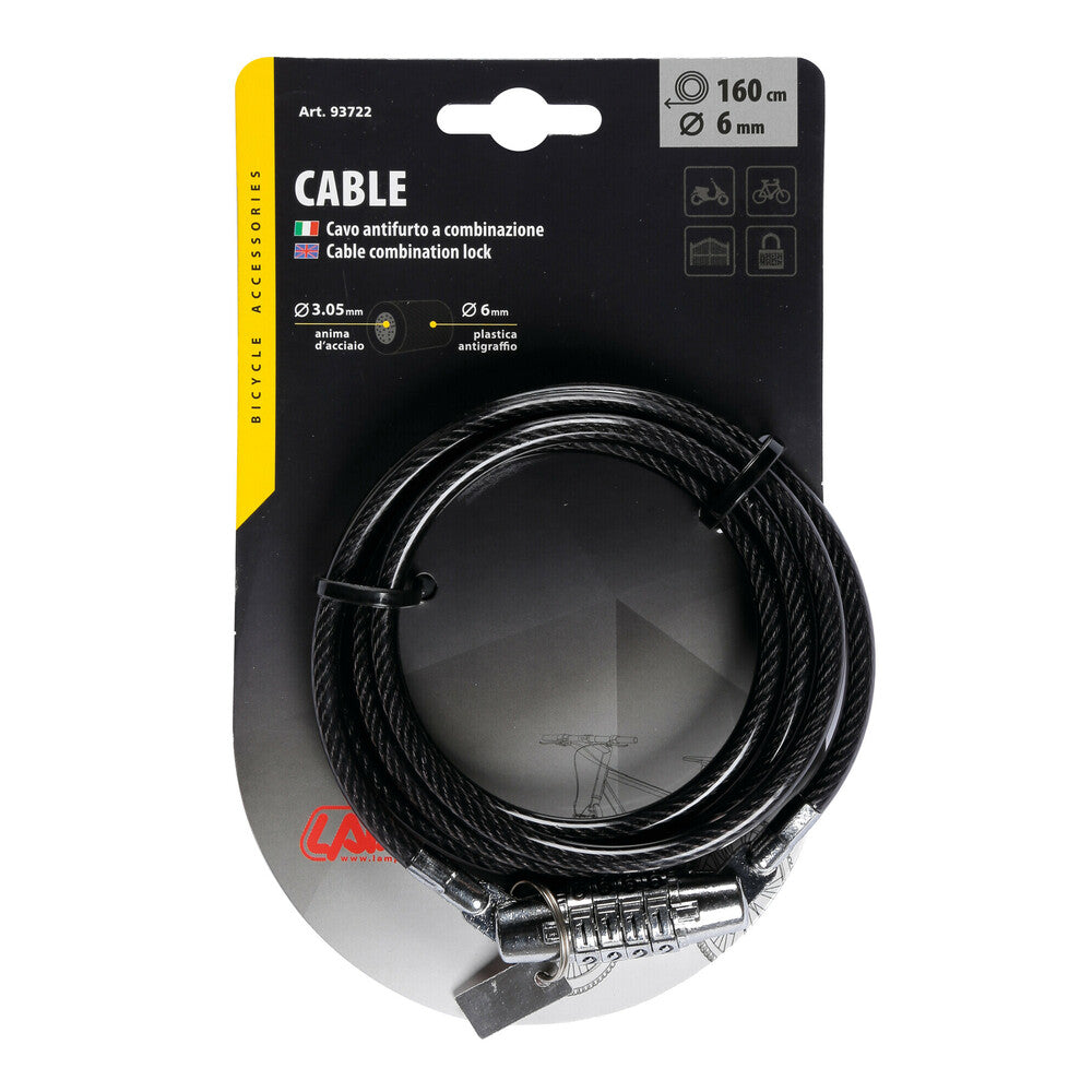 Cavo antifurto a spirale in acciaio 6 mm x 160 cm con combinazione a 4 cifre Lampa