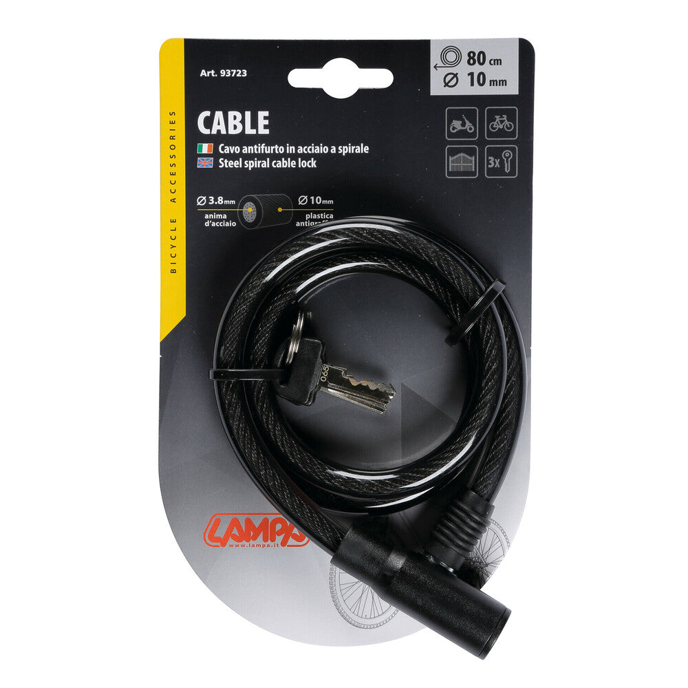 Cavo antifurto a spirale in acciaio 10 mm x 80 cm con tre chiavi Lampa