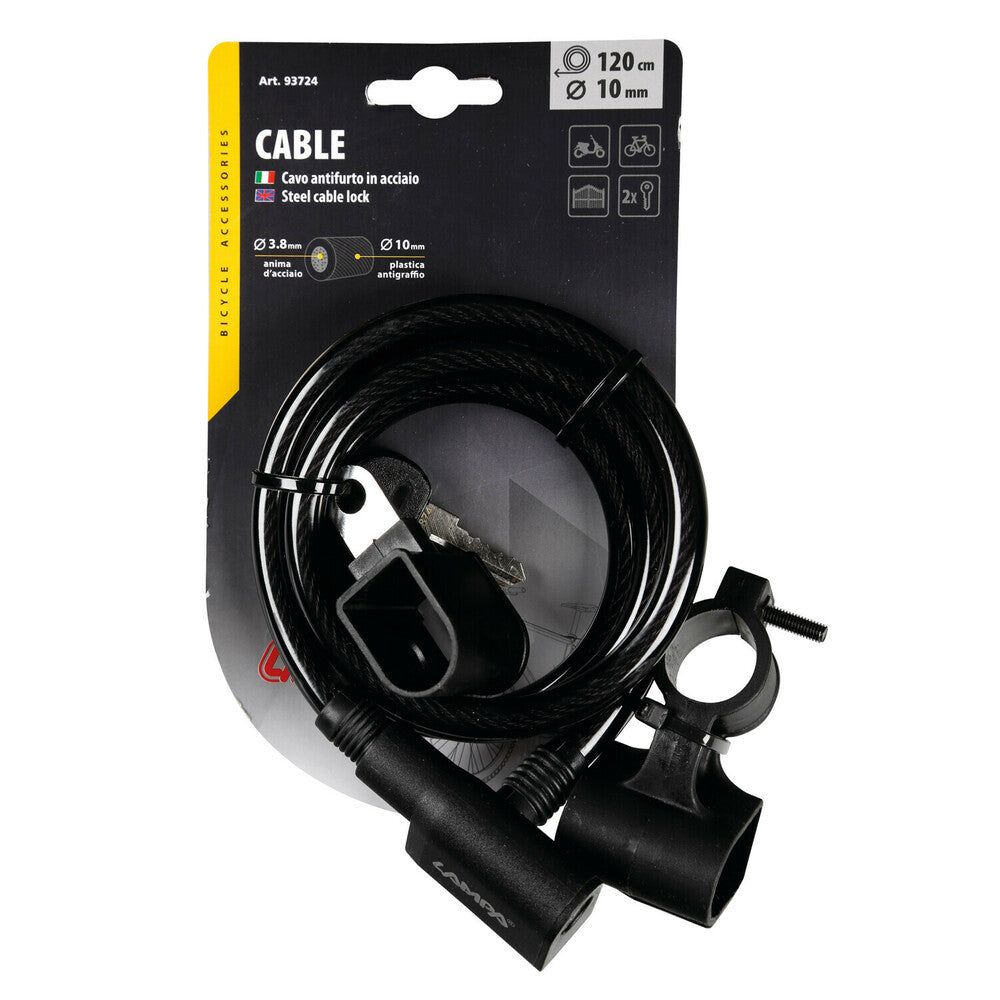 Cavo antifurto a spirale in acciaio 10 mm x 120 cm con doppia chiave Lampa