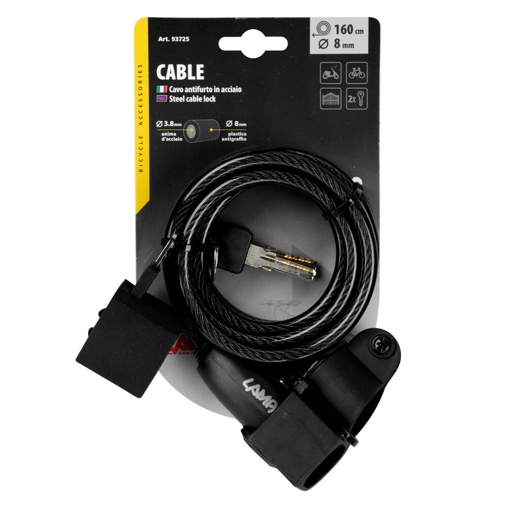 Cavo antifurto a spirale in acciaio 8 mm x 160 cm con staffa e doppia chiave Lampa