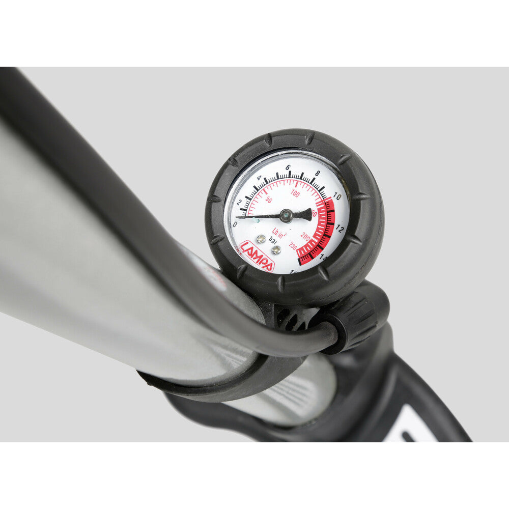 Pompa a Colonna Air-Pro 1 in Acciaio con Manometro, H 590 mm Ø 38 mm, Valvole Universali Schrader Presta Regina Dunlop e Aghi Gonfiaggio | LAMPA