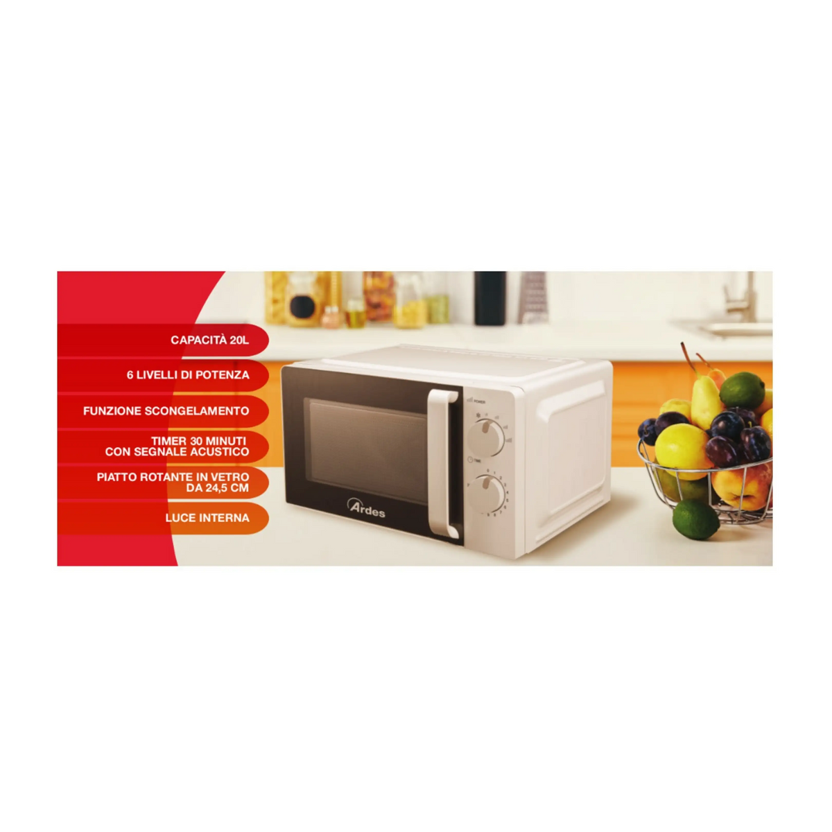 Forno a Microonde Ardes Wave 20 Litri Bianco 700W con 6 Livelli di Potenza