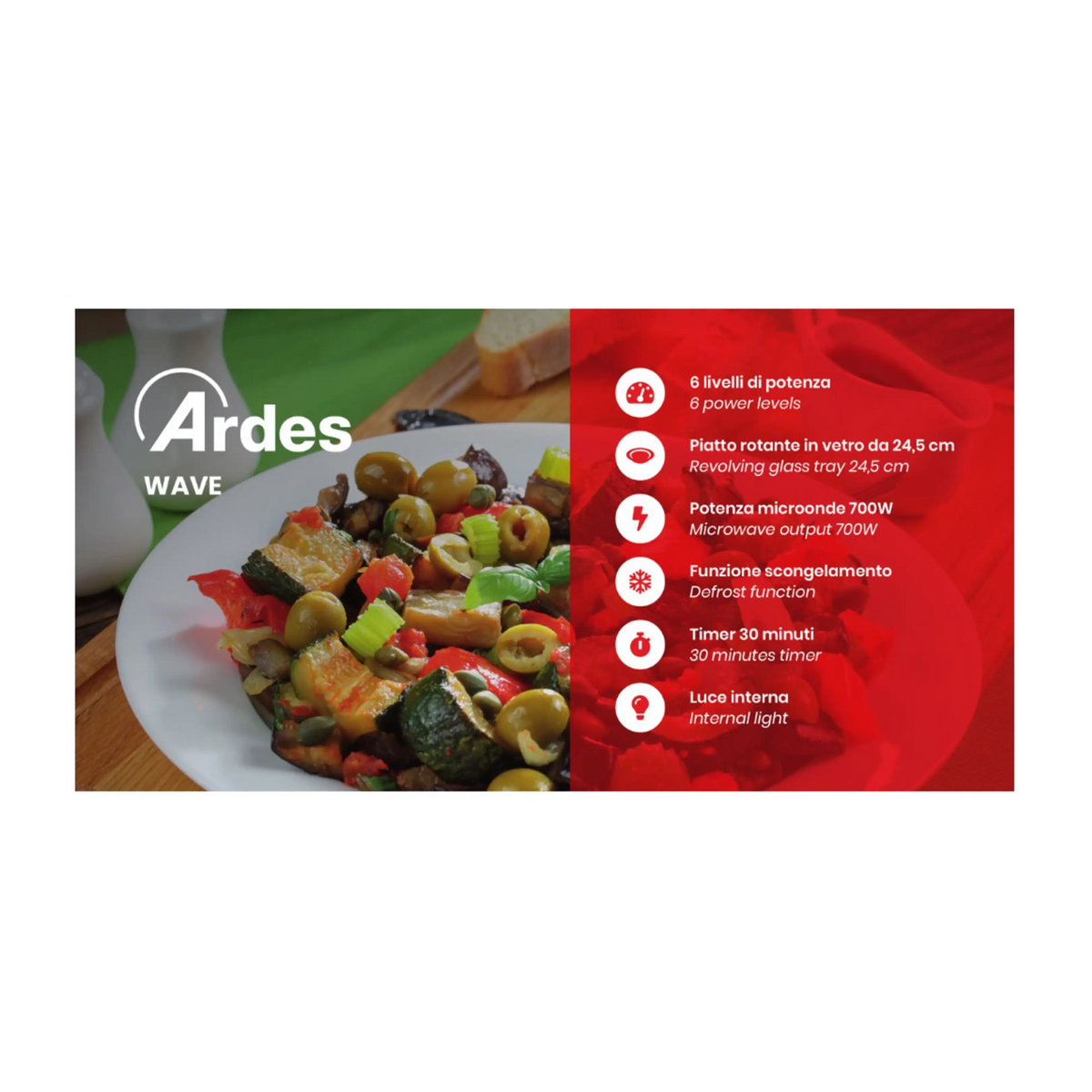 Forno a Microonde Ardes Wave 20 Litri Bianco 700W con 6 Livelli di Potenza