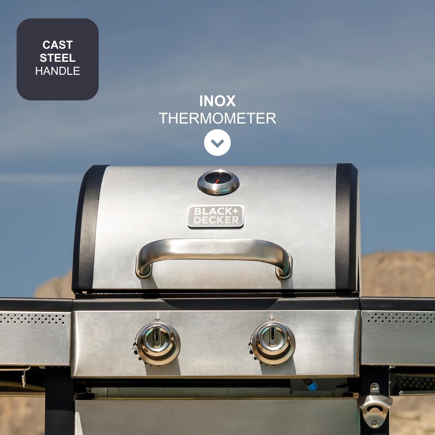 Barbecue a Gas Black+Decker BXOG7200E in Acciaio Inox, 2 Bruciatori 7.2kW con Sear Zone e Griglie in Ghisa | Black+Decker