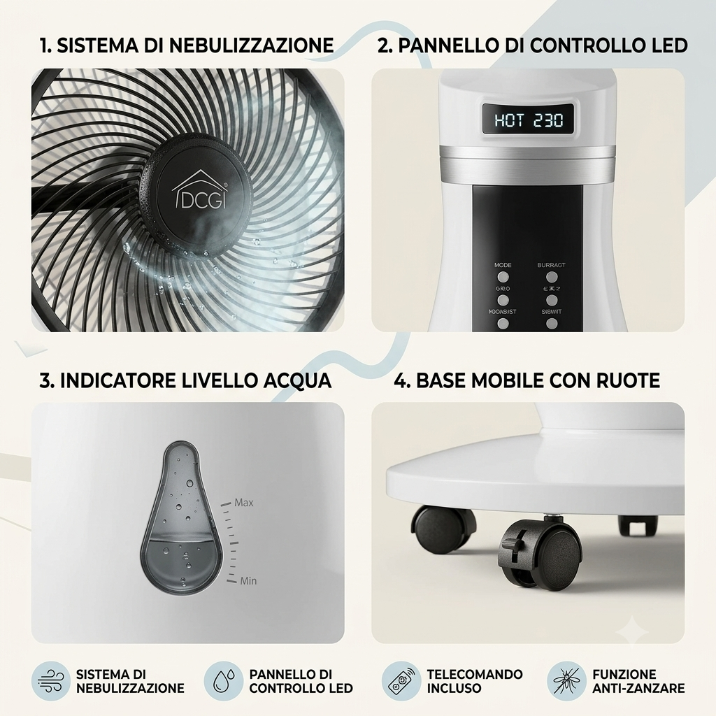 Ventilatore nebulizzatore d'aria (ex. Combi Kasanova 4 in 1) 80W H106 cm con ionizzatore e funzione antizanzare DCG VE1865TT distribuito da Kasanova
