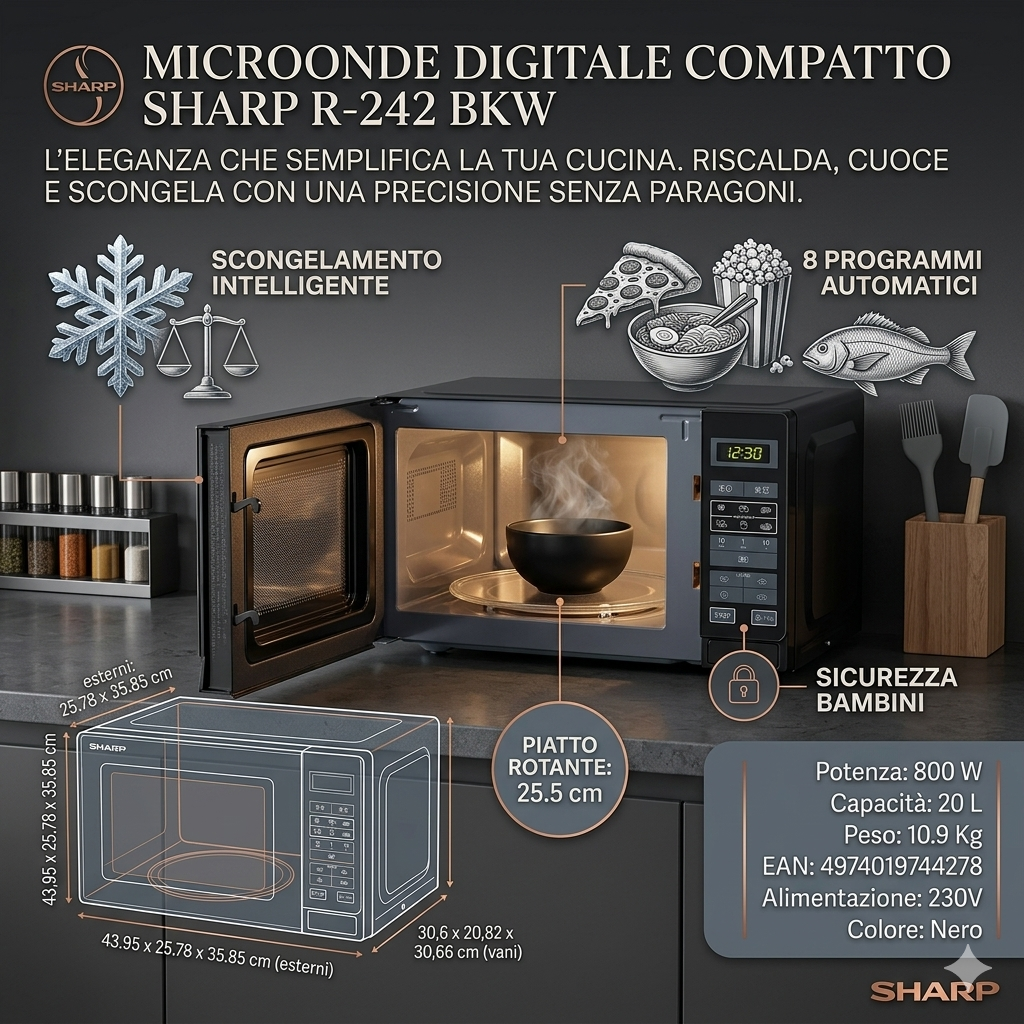 Forno microonde digitale Sharp R-242 BKW 20 litri 800W nero a libera installazione