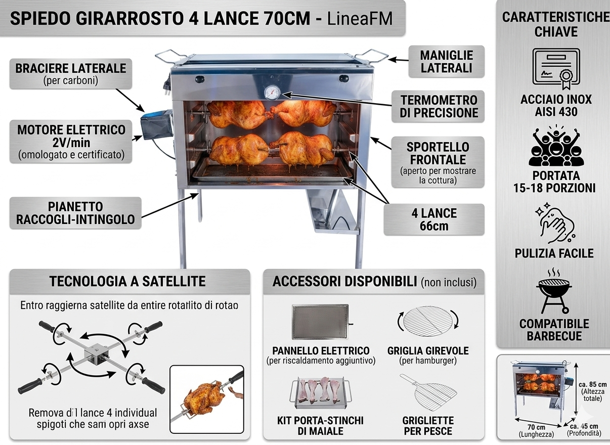 Spiedo 4 Lance 70cm LineaFM - Ideale per Grigliate Perfette Bresciano
