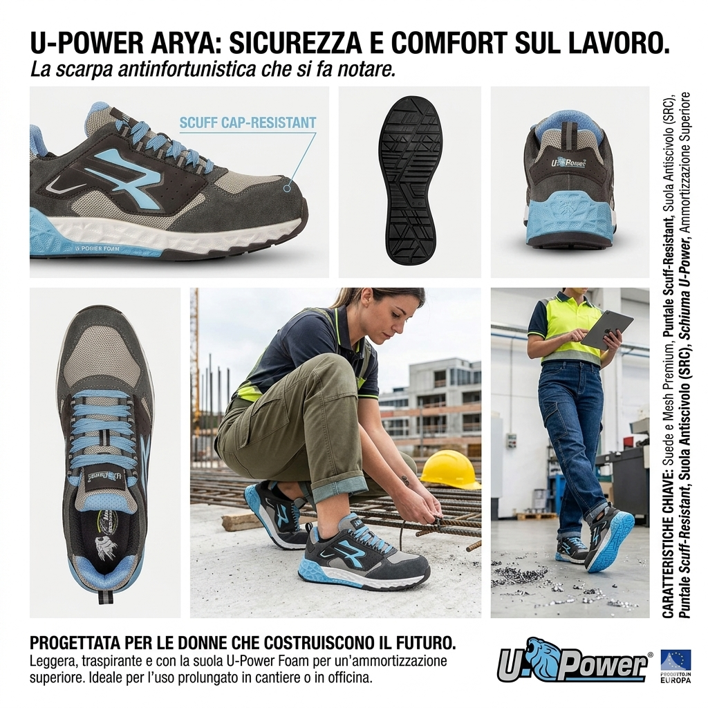 Nuove 2026 Scarpe Antinfortunistiche U-Power Arya S1P SRC ESD, Sneakers da Lavoro Traspiranti Grigio/Azzurro | U-Power