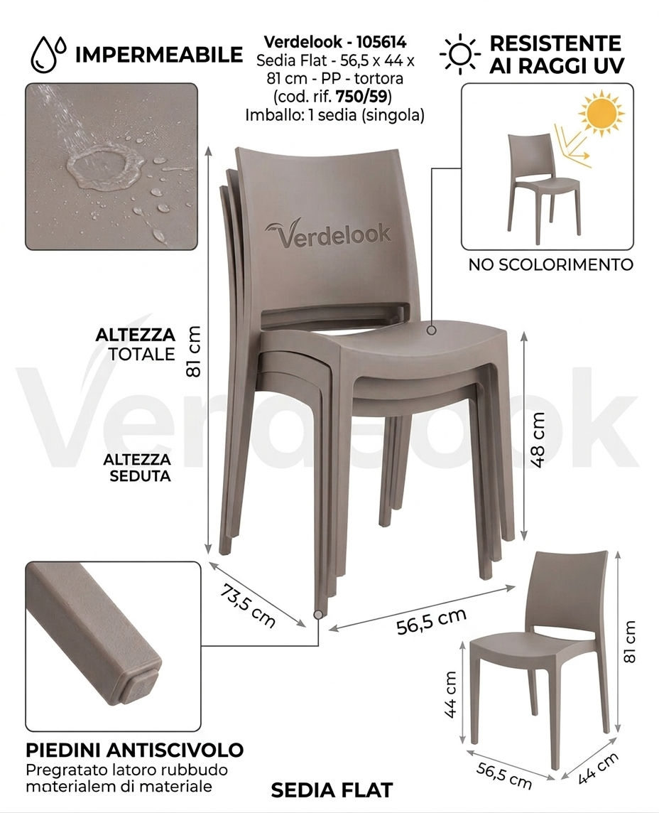 Sedia da Giardino Verdelook Flat Tortora in Polipropilene, Design Moderno Impilabile | 56,5x44x81 cm