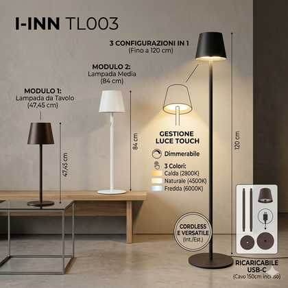 Lampada da tavolo e salotto a LED ricaricabile TL003 ad altezza regolabile 3-in-1 I-INN