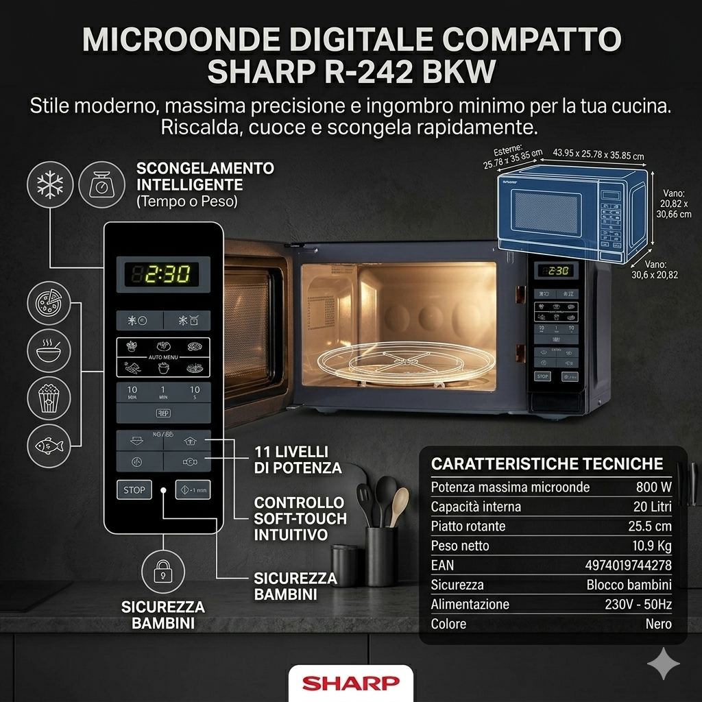 Forno microonde digitale Sharp R-242 BKW 20 litri 800W nero a libera installazione
