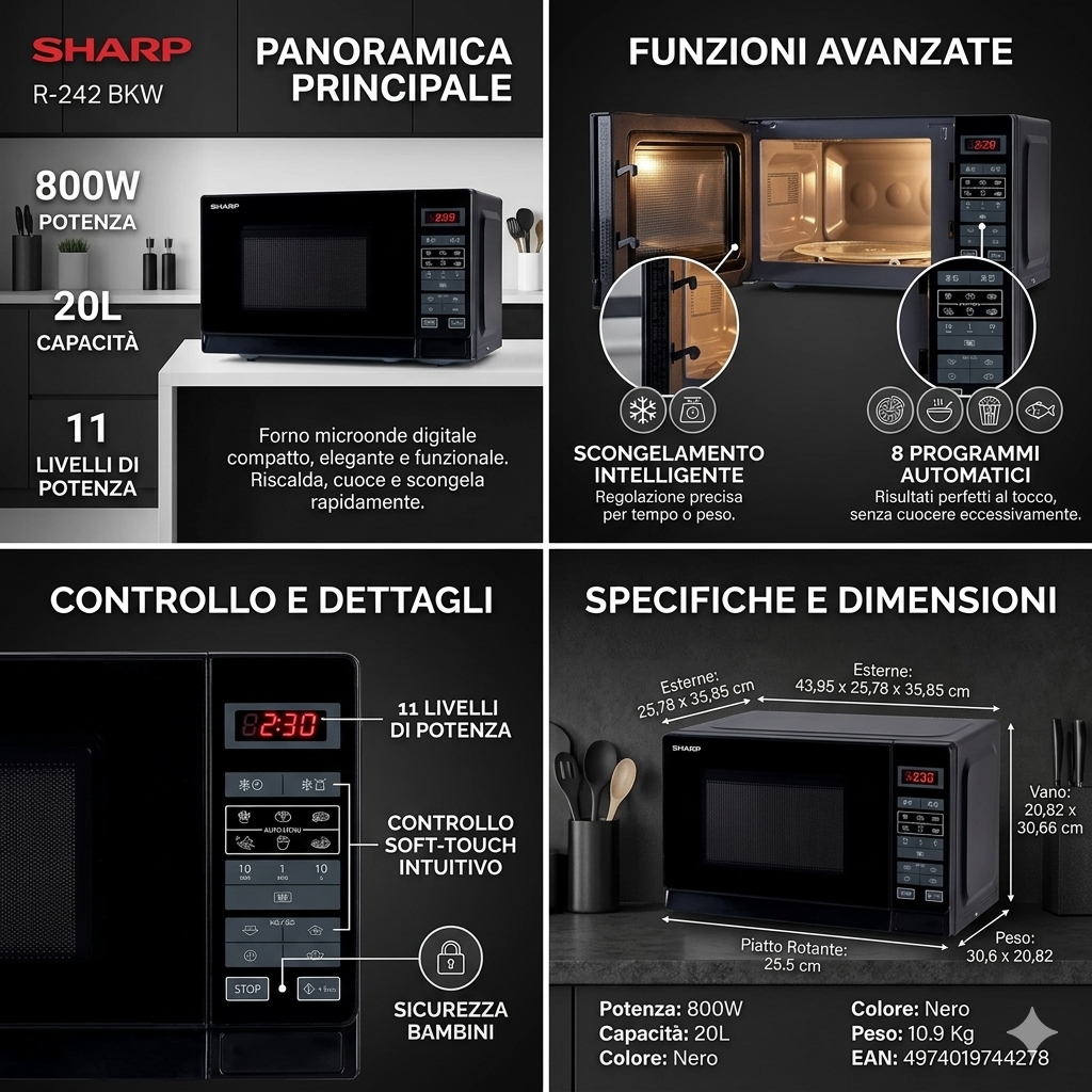 Forno microonde digitale Sharp R-242 BKW 20 litri 800W nero a libera installazione