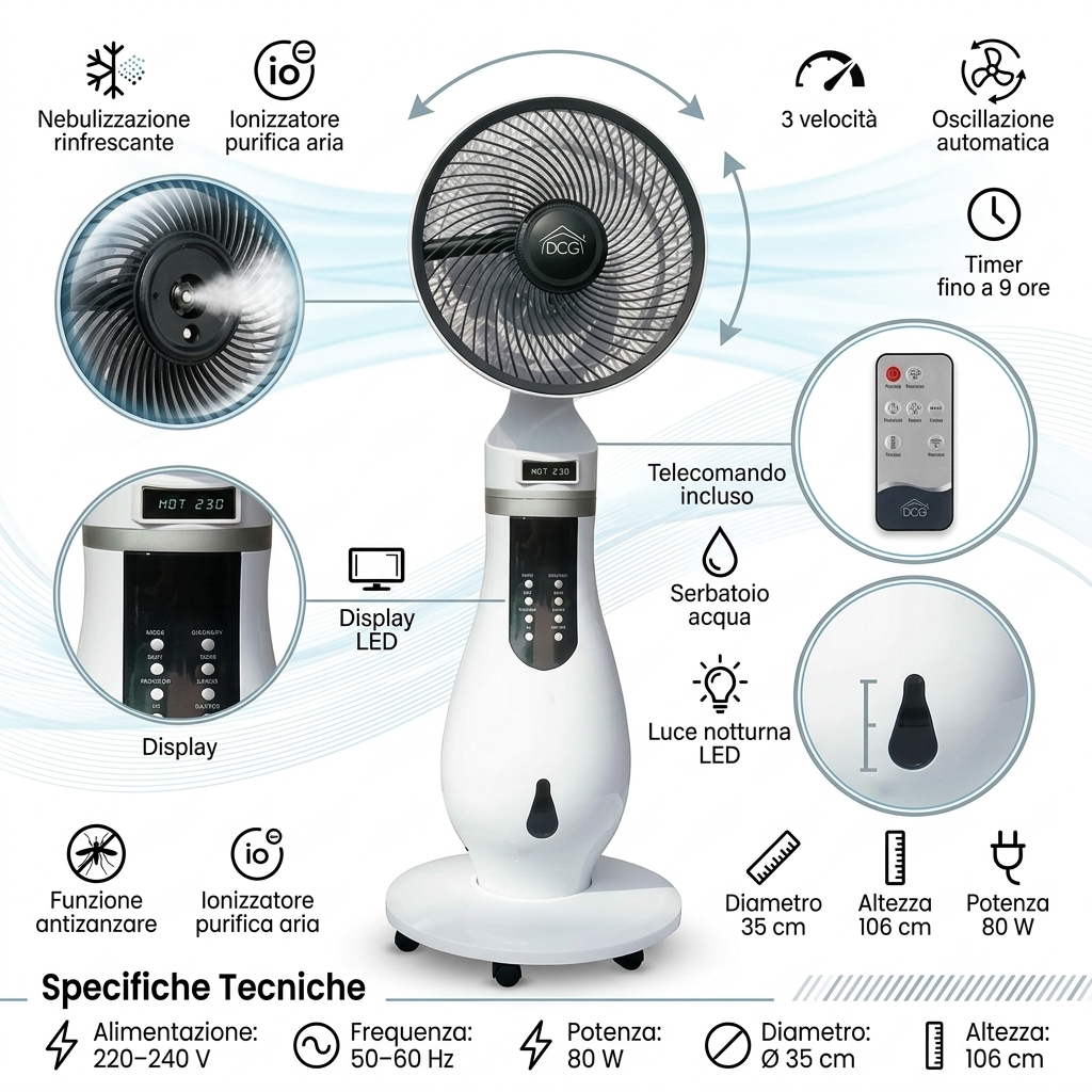 Ventilatore nebulizzatore d'aria (ex. Combi Kasanova 4 in 1) 80W H106 cm con ionizzatore e funzione antizanzare DCG VE1865TT distribuito da Kasanova