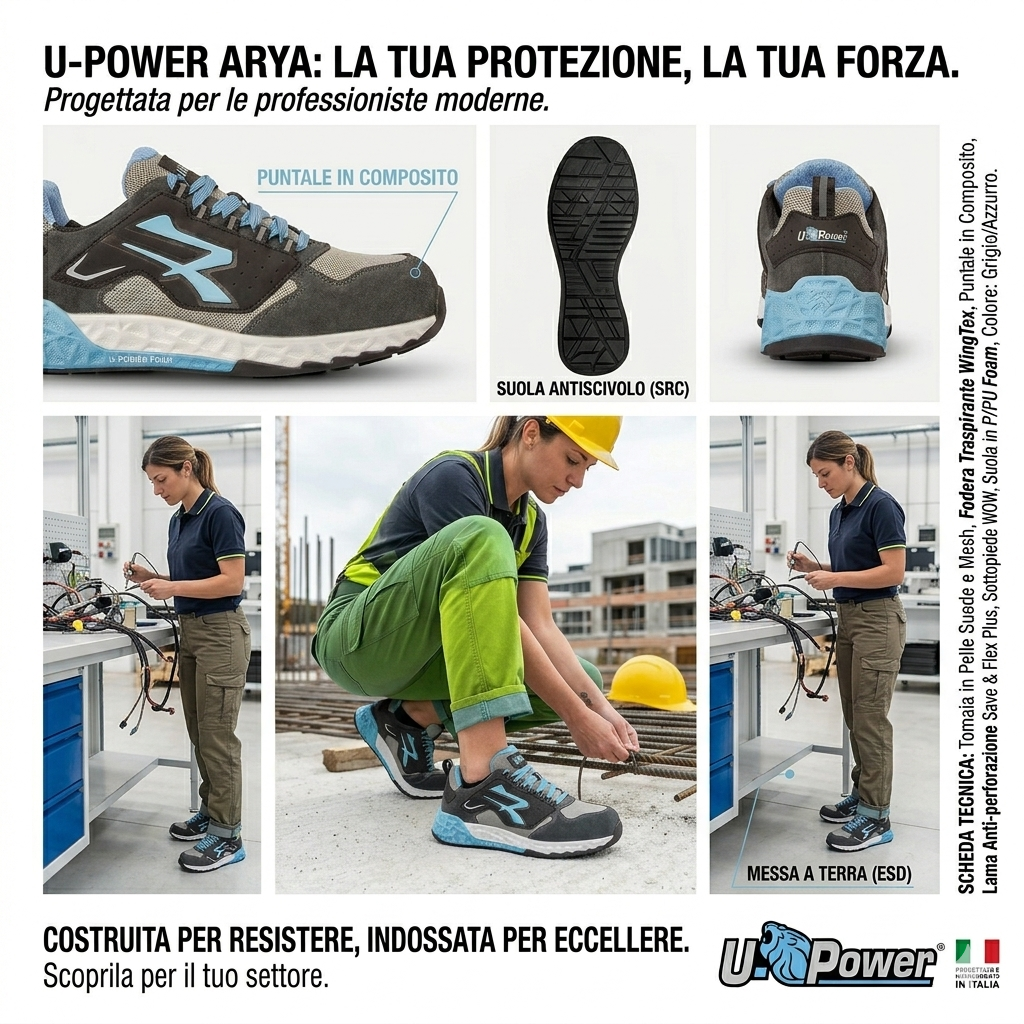 Nuove 2026 Scarpe Antinfortunistiche U-Power Arya S1P SRC ESD, Sneakers da Lavoro Traspiranti Grigio/Azzurro | U-Power
