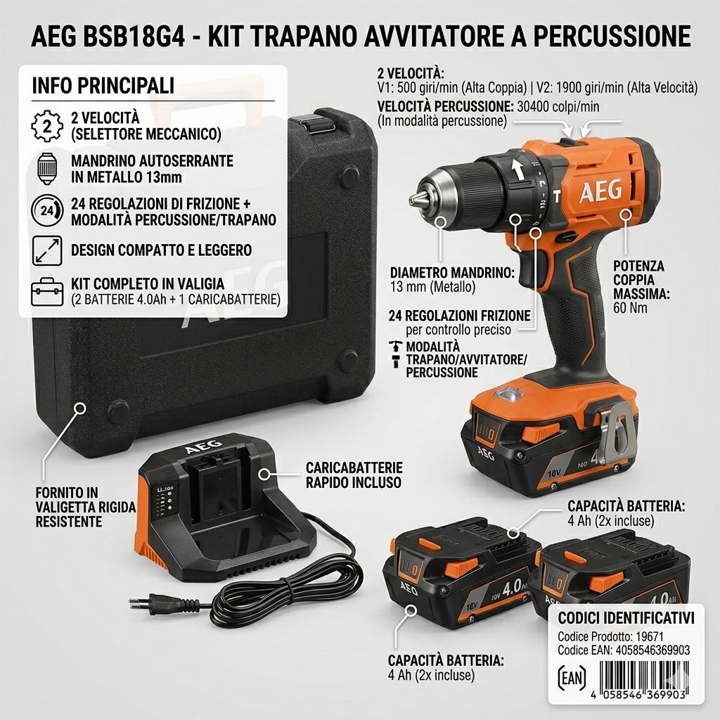 Trapano avvitatore a percussione a batteria 18v con 2 batterie 4ah e valigetta Aeg