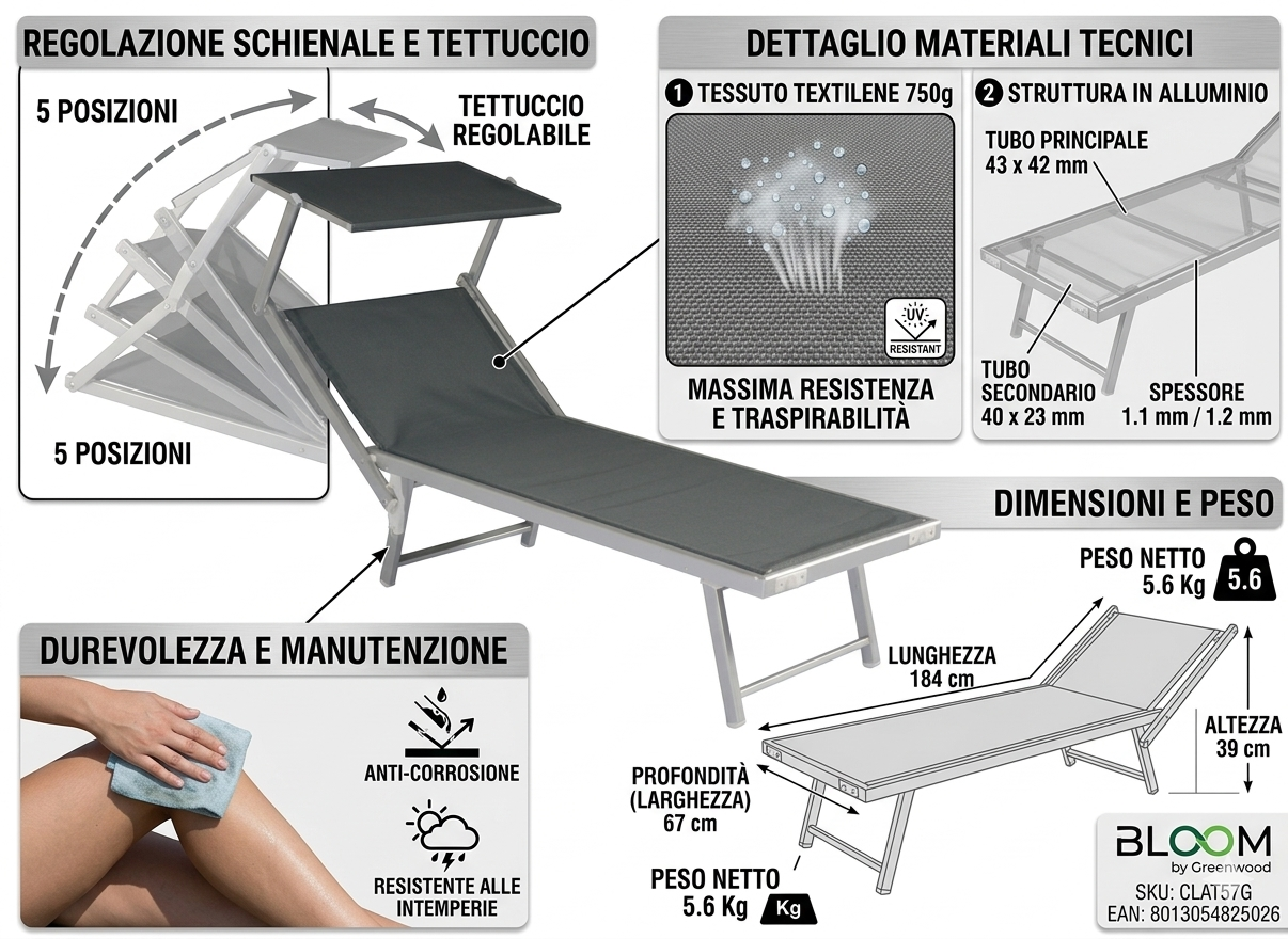 Lettino Mare Professionale in Alluminio con Tettuccio Bloom, Pieghevole Grigio | 184x67x39 cm