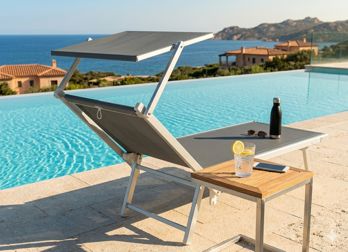 Lettino Mare Professionale in Alluminio con Tettuccio Bloom, Pieghevole Grigio | 184x67x39 cm