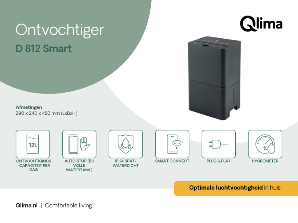 Deumidificatore Smart 12 L/24h Wi-Fi Serbatoio 2 L IPX4 Qlima D 812 SMART