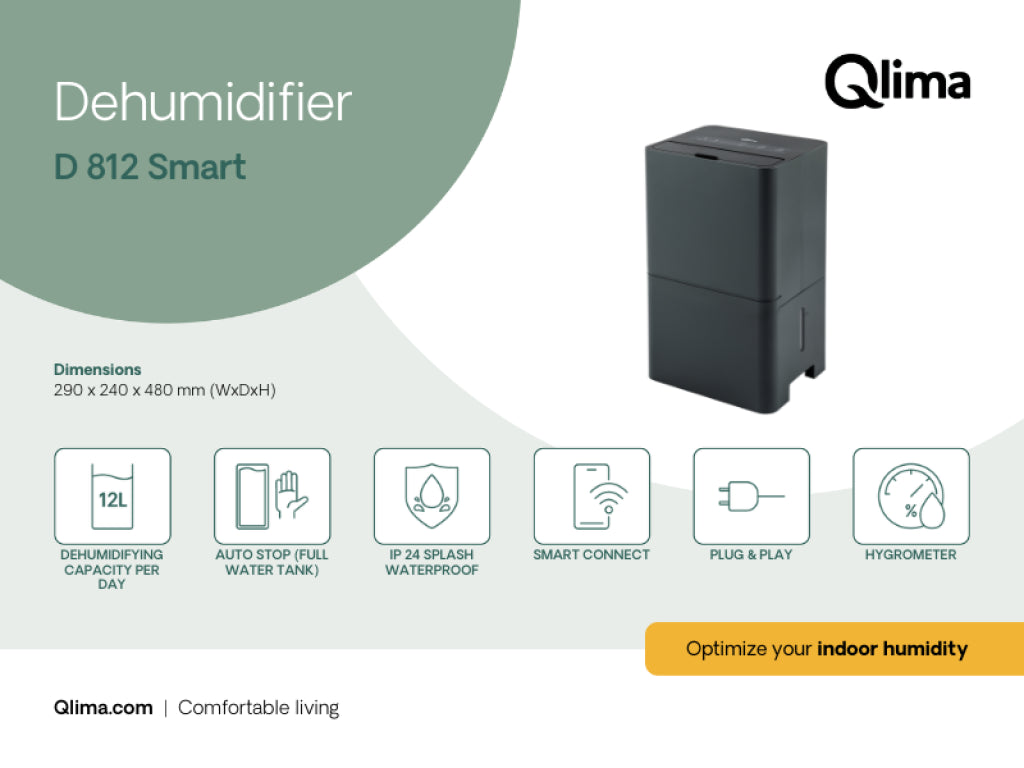 Deumidificatore Smart 12 L/24h Wi-Fi Serbatoio 2 L IPX4 Qlima D 812 SMART